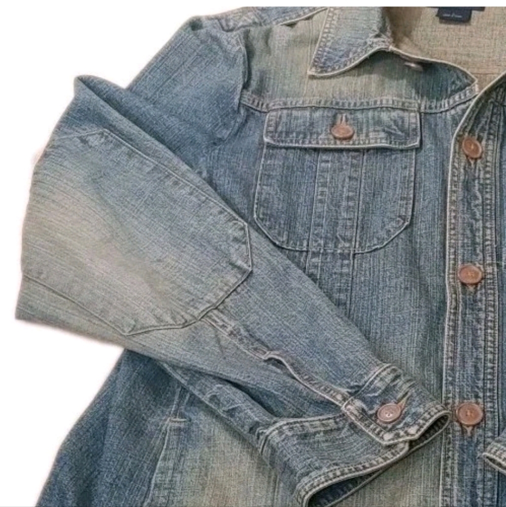 Express Military Jean Jacket Woman Large Blue Denim Button Elbow Patches Utility - Picture 8 of 12